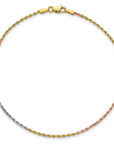 14K Tri-colored 9 inch 1.5mm Diamond-cut Rope with Lobster Clasp Anklet