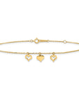 14k 3 Hearts 10inch Plus 1 inch Extension Anklet