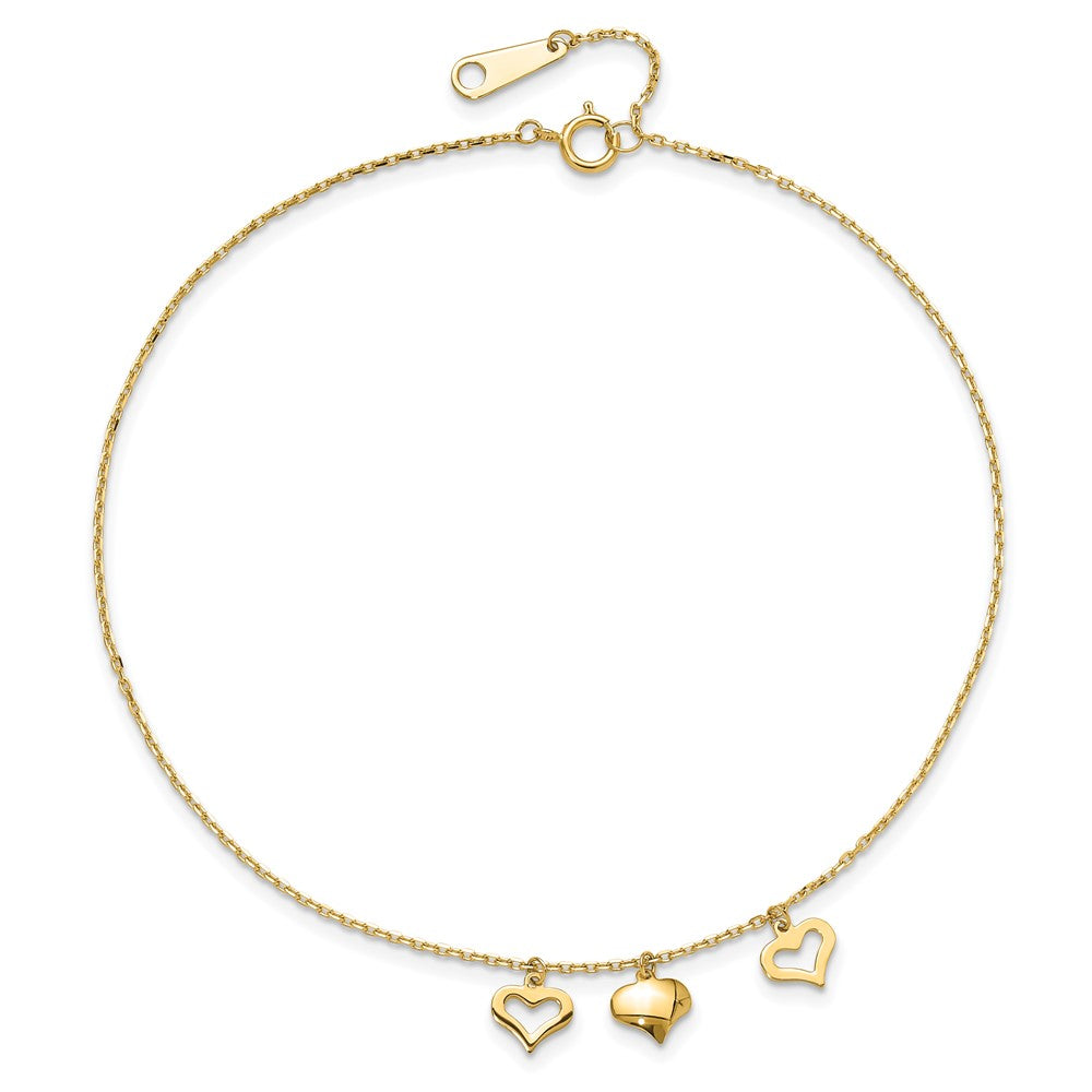 14k 3 Hearts 10inch Plus 1 inch Extension Anklet