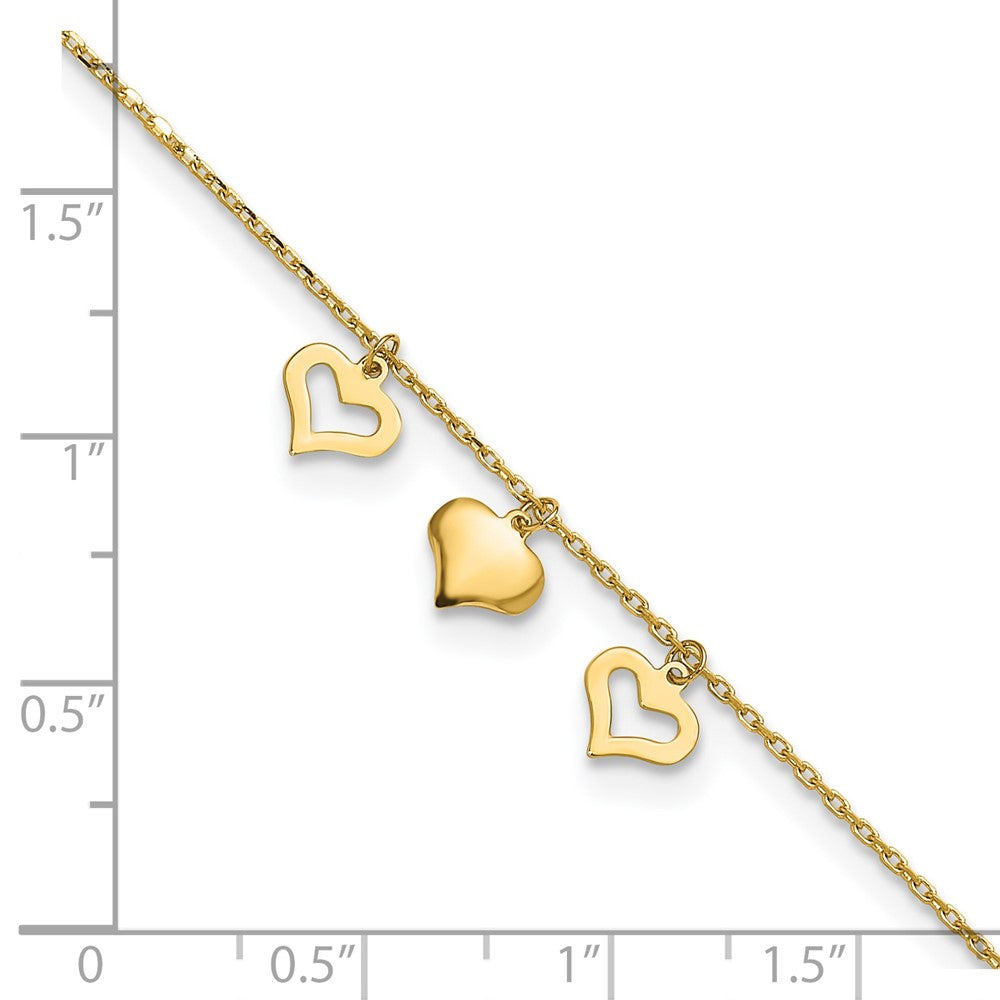 14k 3 Hearts 10inch Plus 1 inch Extension Anklet