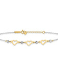 14K Two-tone Oval Link Diamond-cut Beads and Heart 9in Plus 1in Ext Anklet