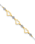 14K Two-tone Oval Link Diamond-cut Beads and Heart 9in Plus 1in Ext Anklet