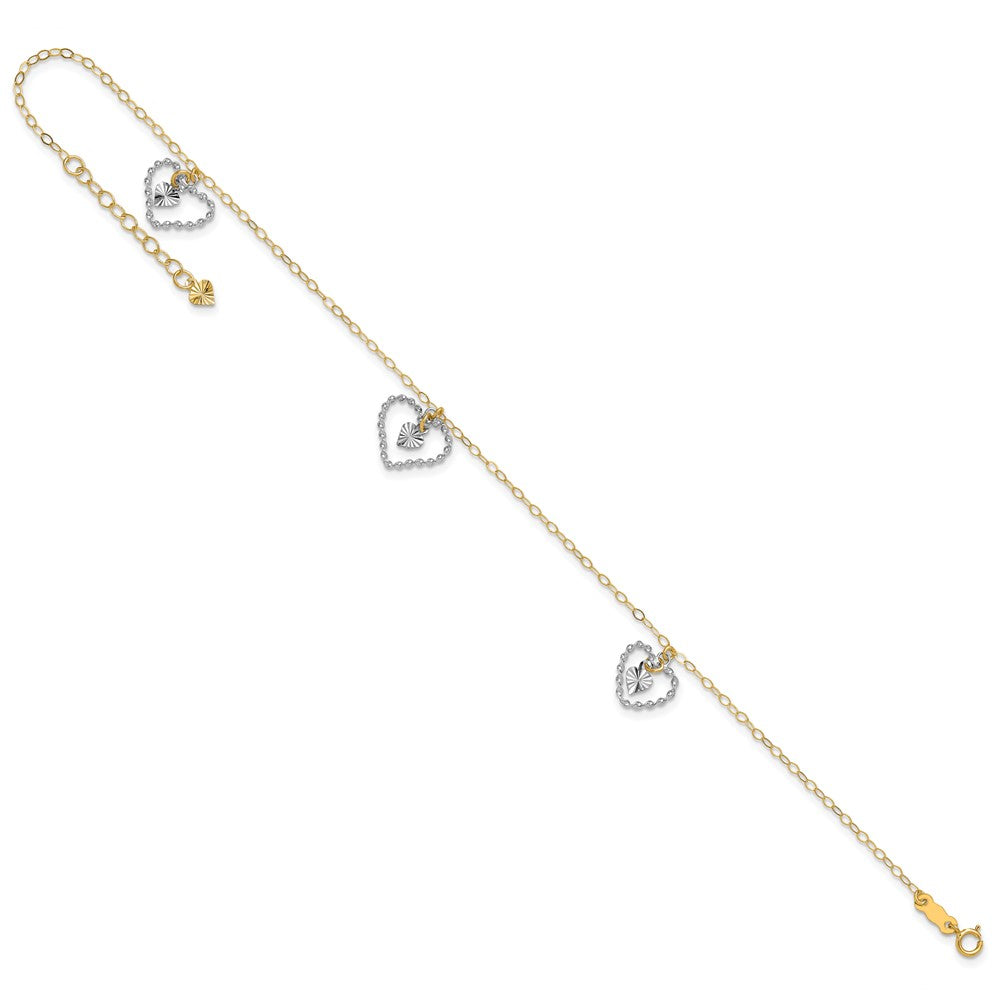 14K Two-tone Twisted and Diamond Cut Hearts 9in Plus 1in ext Anklet