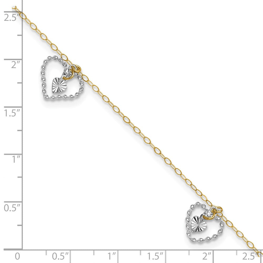 14K Two-tone Twisted and Diamond Cut Hearts 9in Plus 1in ext Anklet