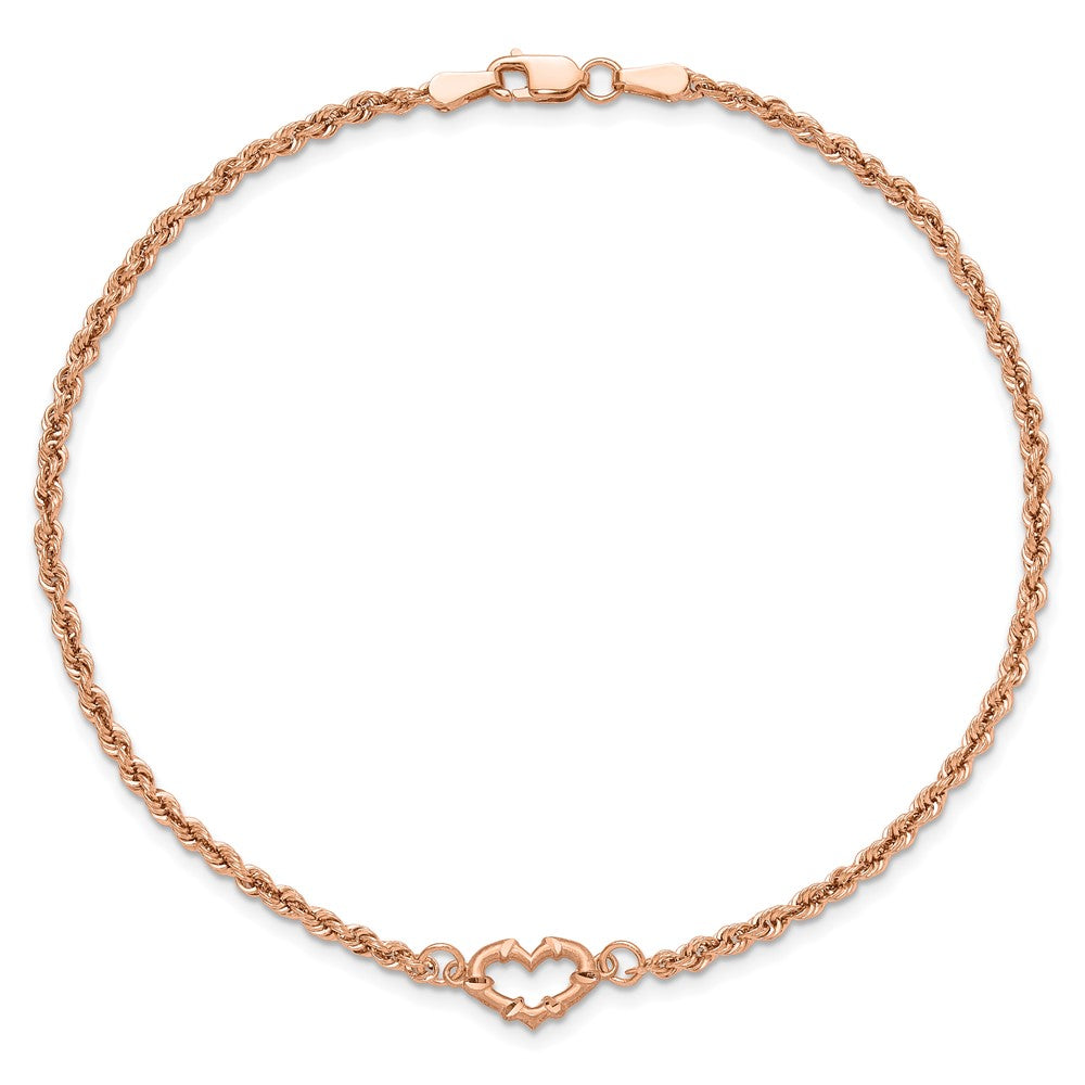 14k Rose Gold Diamond-cut Rope with Heart 10in Anklet