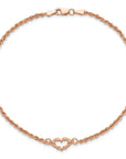 14k Rose Gold Diamond-cut Rope with Heart 10in Anklet