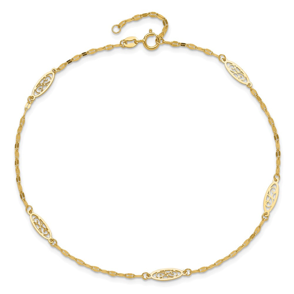 14K Polished Fancy Filigree Link 9in Plus 1 in ext. Anklet