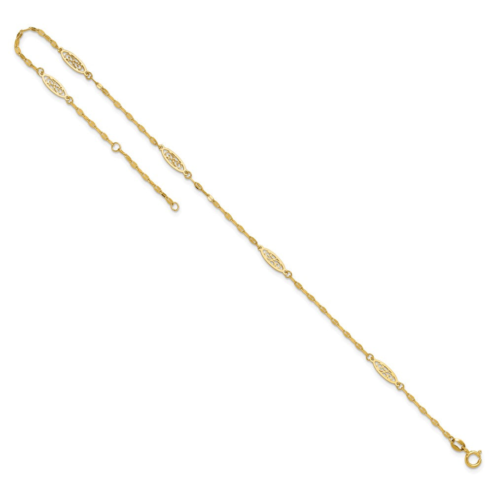 14K Polished Fancy Filigree Link 9in Plus 1 in ext. Anklet